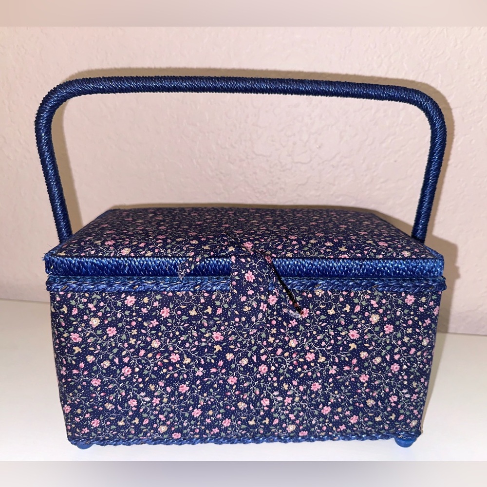 Blue Floral Fabric Sewing Basket Organizer Storage Box